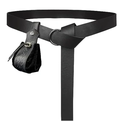 Afbeelding van HiiFeuer Middeleeuwse O ring riem met retro Scandinavisch koordzakje, Renaissance nepleren en tas set voor LARP (Zwart C)