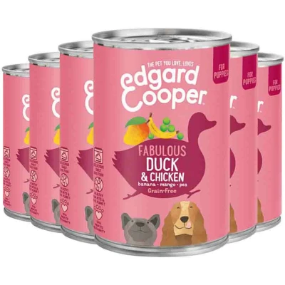 Afbeelding van 6x Edgard &amp; Cooper Blik Vers Vlees Puppy Hondenvoer Eend Kip 400 gr