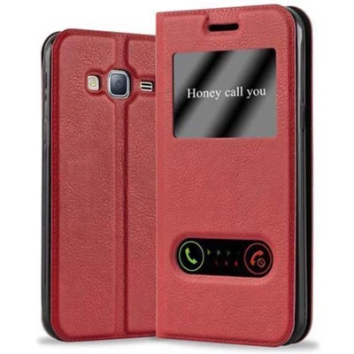 Afbeelding van Cadorabo Hoesje geschikt voor Samsung Galaxy J3 2016 in SAFRAN ROOD Beschermhoes met magnetische sluiting, standfunctie en 2 kijkvensters Book Case Cover Etui