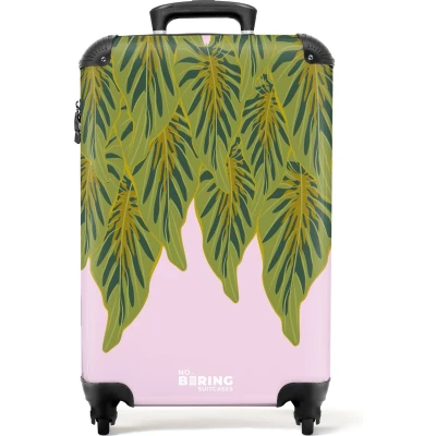 Afbeelding van NoBoringSuitcases.com® Handbagage koffer lichtgewicht Reiskoffer trolley Roze met groene bladeren Rolkoffer wieltjes Past binnen 55x40x20 en 55x35x25