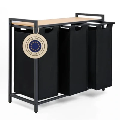Afbeelding van Blumtal Wasmand met 3 vakken bamboe plank Metalen frame poten Zwart