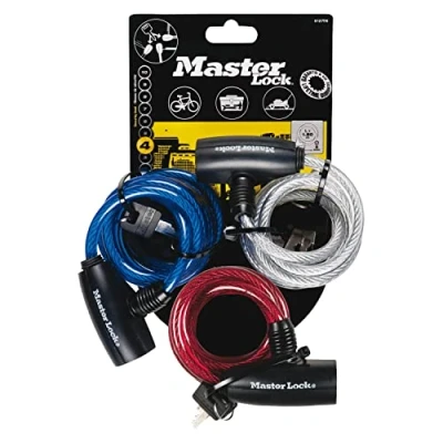 Afbeelding van Master Lock 8127EURTRI Kabelslot voor fietsslot, sleutel,1,8 m staalkabel,weerbestendig, 3 delige set, ideaal fietsen, elektrische skateboards, kinderwagen, grasmaaier