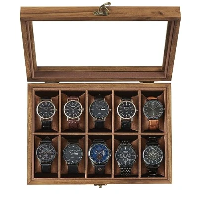 Afbeelding van SONGMICS Horlogedoos met 10 vakken, horlogekast, massief houten horlogebox organizer groot glazen deksel, verwijderbare kussens, cadeau idee, rustieke walnoot JOW100K01