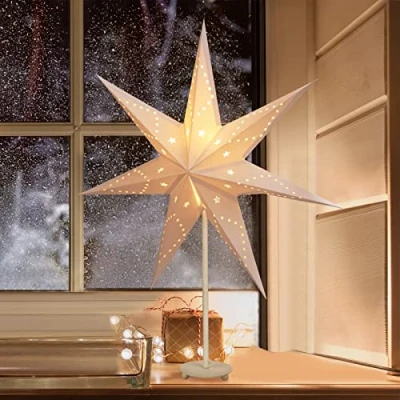 Afbeelding van SALCAR LED kerstster verlicht raam 35 cm, papieren ster Kerstmis met E14 lamp, 3D lichtgevende ster, staande adventsster ijzeren voet, wit
