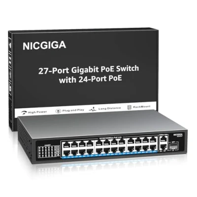 Afbeelding van NICGIGA 24 poorts Gigabit PoE switch met poorten PoE+@300W, 2 Uplink poort, 1 SFP, robuust metaal voor desktop /rack montage, niet beheerde voeding, ethernet