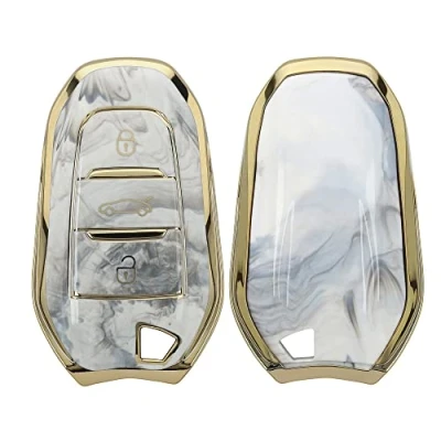 Afbeelding van kwmobile autosleutelhoes geschikt voor Peugeot Citroen 3 knops Smartkey autosleutel (alleen Keyless Go) TPU beschermhoes sleutelcover Marmer design goud / wit grijs