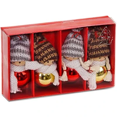 Afbeelding van BRUBAKER 4 delige Set Kerstkabouters van Hout en Touw Boomhanger Kersthanger 8 cm in Geschenkdoosje Rood