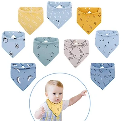 Afbeelding van Viedouce Slabbetjes Bandana Slabbetje met 2 Verstelbare Knopen,100% Biologisch Katoen,Zacht en Absorberend,Baby Driehoek voor Jongens Meisjes,Set van 9,Blauw,Geel,Groen,Beige