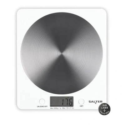 Afbeelding van Salter 1036 WHSSDR Disc Electronic Scale, Digital Weighing, Stylish Slim Design, Home/Kitchen Cooking, Spun Stainless Steel Platform, Add &amp; Weigh, Measures Liquids/Fluids, 5KG Capacity, White/Chrome