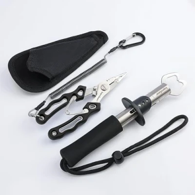 Afbeelding van supregear Vissers Tang en Grijper Set, Roestvrijstalen Multifunctionele Vis Haakverwijderaar met Lijnsnijder, Veiligheids Coilsnoer Nylon Schede, Gereedschapsset, Zwart