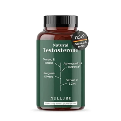 Afbeelding van Nullure Natuurlijke Testosteron Booster Veganistisch Spiermassa · Prestaties Ashwagandha + Maca Tribulus Terrestris Ginseng Zink Vitamine D Fenegriek 120 caps.