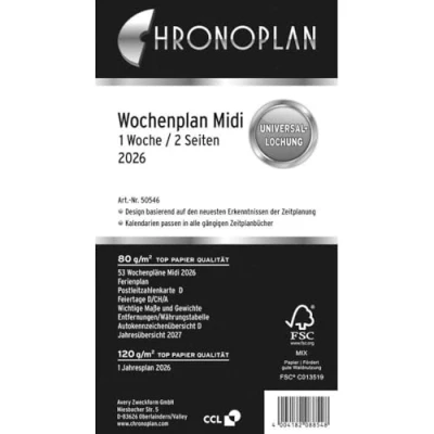 Afbeelding van Chronoplan 50546 agendavulling 2026, weekplanner, midi (96 x 172 mm), reservekalender voor afsprakenplanner, ideaal gedetailleerde weekplanning, 1 week op 2 pagina&#039;s in kolommen, met universele