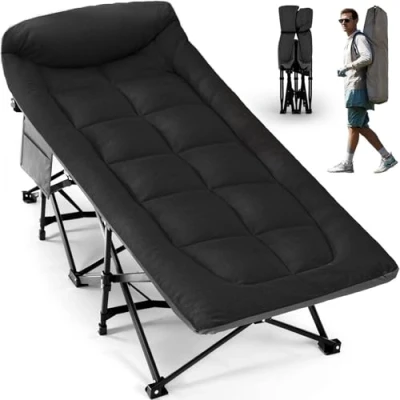 Afbeelding van Overmont Campingbed, opklapbed, draagbaar, XL, belastbaar tot 250 kg, antislip eenpersoonsbed met kussen, opbergtas, draagtas voor campers, tenten, reizen, grijs