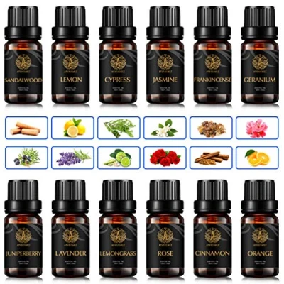 Afbeelding van Aromatherapie sandelhout etherische olie set voor diffuser 100% pure wierook oliën kit thuis, 12 x 10 ml therapeutische kwaliteit juniper berry oliekit, sinaasappel, citroen, rozenoliën.
