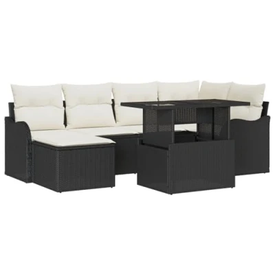 Afbeelding van vidaXL 7 delige tuinsofa set met kussens zwart poly rattan