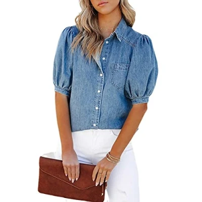 Afbeelding van LITTLA Blouse Dames, Vrouwen Denim Overhemd Mode Lichtblauw Wassen Vervaagde V Hals Shirts Tops Zoete Losse Pofmouwen Button Down Blouses Elegante Tuniek Voor Dames Meisje,Xl