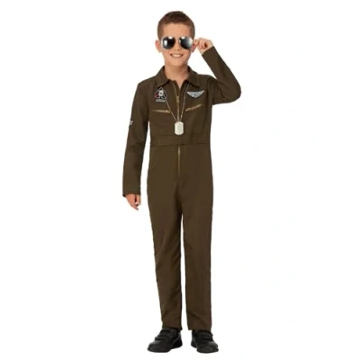 Afbeelding van Top Gun Maverick Child+s Aviator Costume, Green, with Jumpsuit &amp; Changeable Name Badges (S)