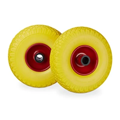 Afbeelding van Relaxdays steekwagenwiel 3.00 4&quot;, 2 stuks, stalen velg, draaglast 100 kg, as van 25 mm, 260x85 geel rood