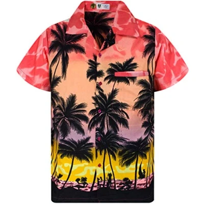 Afbeelding van V.H.O. Funky Hawaïhemd heren korte mouwen voorzak Hawaii print strand palmen diverse kleuren, Beach Ekletafel Rood, L