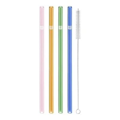 Afbeelding van ZWILLING Sorrento Glazen rietjes, duurzaam en herbruikbaar, borosilicaatglas, voor koude warme dranken, 4 stuks, lengte: 23 cm, gebogen vorm, kleur: meerkleurig, incl. reinigingsborstel
