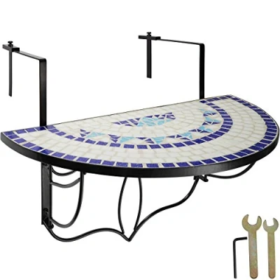 Afbeelding van tectake® Mozaïek Balkonhangtafel Halfrond Design Opklapbare Balkontafel met Massief Stenen Mozaïk Tafelblad Metalen Haken Hangtafel voor Terras en Balkon Blauw/Wit