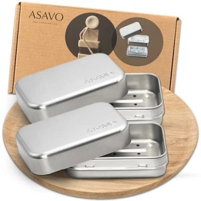 Afbeelding van ASAVO 2 x zeepdoos, metaal, aluminium, met uitneembaar afdruiprek, roestvrij, zeepbakje voor op reis, zeepbakje, blikje, metalen stuks