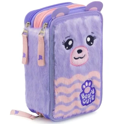 Afbeelding van Julian Ross Teddy Bear Fluffy Gevulde Drievoudige Etui Knuffel Meisje, 45 Schoolbenodigdheden, Pennenetui 3 Ritsen, Georganiseerde Vakken, Kleurpotloden, Stiften, Lijm, Schaar
