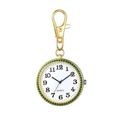 Afbeelding van JewelryWe Sleutelhanger Horloge Strass Quartz Zakhorloge FOB Clip on Riem Nieuwigheid Horloges voor Mannen Vrouwen, Goud groen