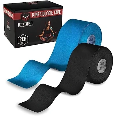 Afbeelding van Effekt Manufaktur (5m x 5cm) Rolle Kinesiologie Tape in versch. Farben (2er Set) Kinesiotapes Wasserfest &amp; Elastisch für Sport Kinesiotape Physio Kinesio Tapes (Blau + Schwarz)