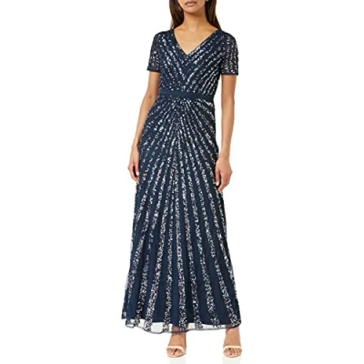 Afbeelding van Maya Deluxe Maxi dames verfraaid pailletten jurk lange korte mouw V hals hoge Empire taille een cut glanzend prom bruiloft bruidsmeisje, marineblauw, 34