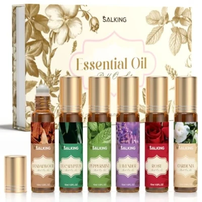 Afbeelding van SALKING Oprolbare set etherische oliën, aromatherapie roll on geurolie, cadeauset, geuroliën voor diffuser, luchtbevochtiger, 6 x 10 ml sandelhout, eucalyptus, pepermunt, lavendel, neroli, kamille