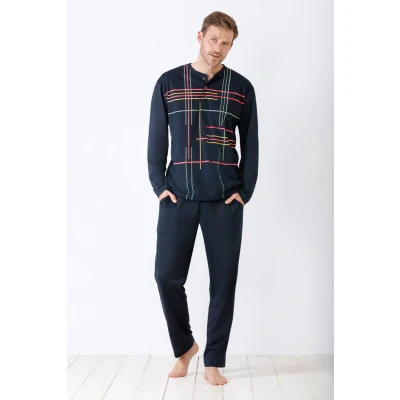 Afbeelding van Blauwe heren pyjama met gekleurde strepen Blauw Maat 54