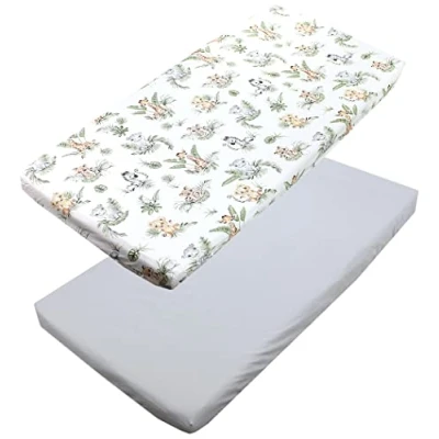 Afbeelding van TupTam Hoeslaken voor Baby&#039;s Babybedjes 2 Pakken, Safari/Leeuw/Bruin/Bladeren/Groen/Grijs, 70 x 140 cm
