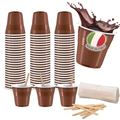 Afbeelding van COFFISANO Set van 150 koffieglazen + roerstaafjes, 90 mm, wegwerpset berkenhout en 80 ml, voor espresso, restaurants, kantoor, sport, bar (150 150)
