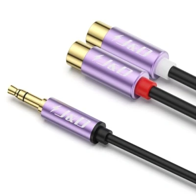Afbeelding van J&amp;D 3.5mm naar 2 RCA Kabel, Vergulde Stekker 2RCA Buchs Stereo Audio adapter Verlengingskabel Purper Shell Robuuste Stekker, 0.3 M