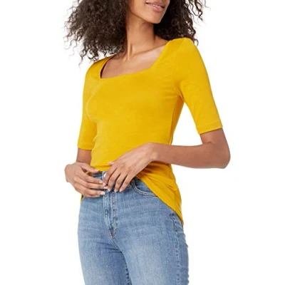 Afbeelding van Amazon Essentials Women&#039;s T shirt met halve mouwen, vierkante hals en slanke pasvorm, Donkergeel, L