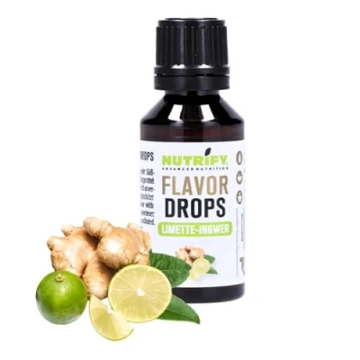 Afbeelding van NUTRIFY Flavor Drops Limoen gember 30 ml, aromadruppels zonder calorieën, meer smaak in levensmiddelen en dranken, suikervrij, vetvrij, veganistisch, kunstmatige kleurstoffen, aroma