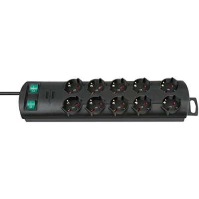 Afbeelding van Brennenstuhl Primera Line 1153305120 Stekkerdoos met 10 stopcontacten, ruimtebesparend, 2 aan/uit schakelaars voor elk 5 m kabel, zwart