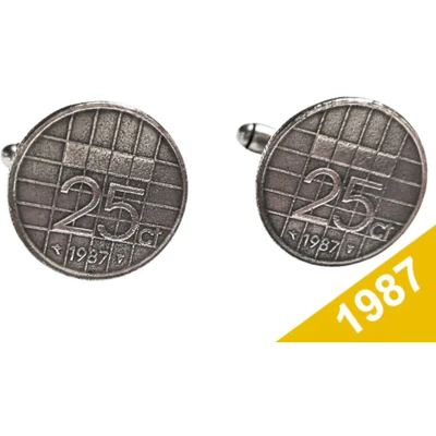 Afbeelding van Manchetknopen Kwartje 1987 Verzilverd Uniek en Stijlvol Sieraad met Jaartal Cadeau Geboortejaar Alle Jaartallen Beschikbaar Doorsnede 1,8 cm