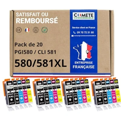 Afbeelding van COMETE, Frans merk 580 581 XL 20 inktpatronen compatibel met Canon PGI CLI of 580XL 581XL voor ts6350 ts6300 (20) 8 zwart 4 cyaan magenta geel