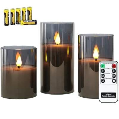Afbeelding van Rhytsing Grijze vlamloze kaarsen in glas, 3 glazen windlichten met afstandsbediening en timerfunctie, warm wit licht batterijen inbegrepen