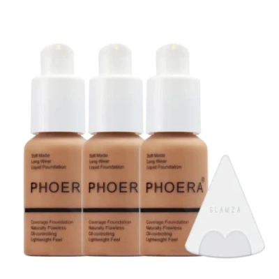 Afbeelding van Glamza Phoera Foundation volledige dekking make up set 24 uur langdurige olie controle zachte gladde matte vlekkeloze concealer crème Inc x3 30ml &amp; Siliconen Blender Spons (107