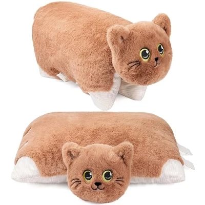 Afbeelding van BRUBAKER Knuffeldierenkussen Kat 2 in 1 Pluche Dier en Knuffelkussen 40 x 30 cm Knuffelkat Opvouwbaar Kinderkussen met Klittenbandsluiting Dierenkussen Kattenkussen Knuffeldier Bruin