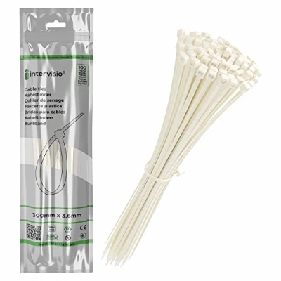 Afbeelding van Kabelbinders 300 mm x 3,6 Wit Premium Plastic Tie Wraps, 300mm lange nylon bundelbandje, pak van 100 stuks intervisio