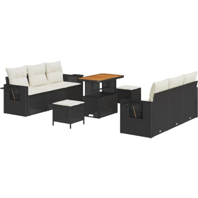 Afbeelding van vidaXL 9 delige tuinsofa set met kussens zwart poly rattan acacia
