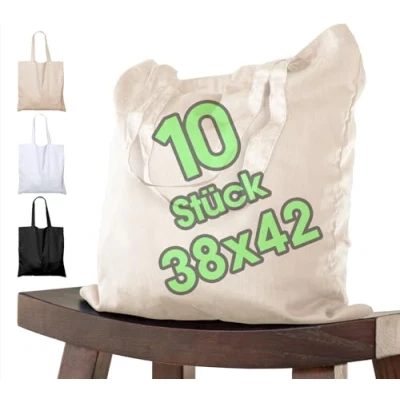 Afbeelding van katoenen tas 38x42 cm 10 stuks onbedrukt, lange hengsels, stoffen tas, draagtas, jute Oeko Tex® gecertificeerde boodschappentas, om te beschilderen, 38 x 42