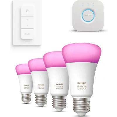 Afbeelding van Philips Hue Starterspakket E27 White and Color Ambiance 4 LED Lampen, Bridge en Dimmer Switch Eenvoudige Installatie Werkt met Alexa Google Home