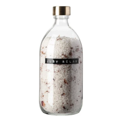 Afbeelding van Wellmark Badzout rozen in helder glas messing dop 500ml &#039;just relax&#039;