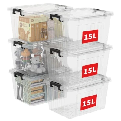 Afbeelding van Cetomo 15L* 6 opbergdoos, opbergbak, container met kliksluiting en deksel, stapelbare transparante organizer
