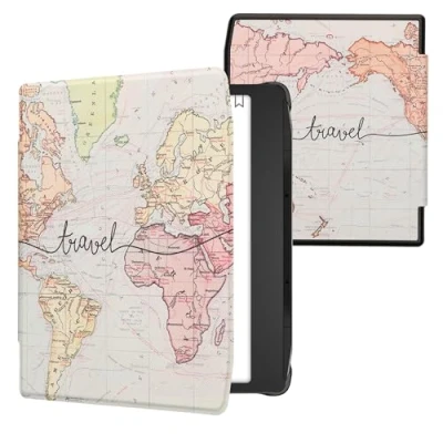 Afbeelding van kwmobile E reader hoesje geschikt voor Pocketbook Era / Color hoes flip case met magnetische sluiting Ereader cover Travel Wereldkaart design in zwart meerkleurig